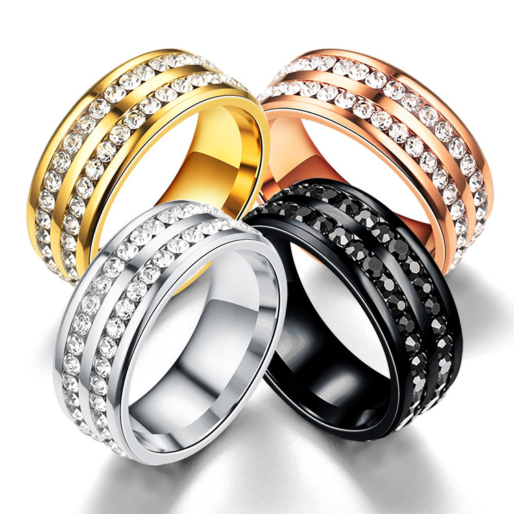 11961175034_7769366.jpg European and American foreign trade titanium steel full diamond double diamond row circumference diamond ring new popular ring source manufacturer cross-border exclusive supply - Image 1