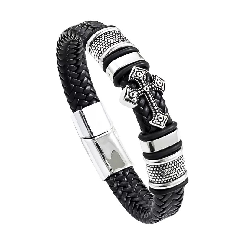O1CN01s8t1GY2I21aW6dQmQ_2205241869227-0-cib.jpg Leather woven vintage cross bracelet European and American cross-border fashion men's jewelry new style - Image 1