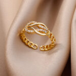 18K gold-plated full diamond light luxury non-fading opening ring women's zircon leaf ring women's - Image 4