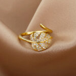 18K gold-plated full diamond light luxury non-fading opening ring women's zircon leaf ring women's - Image 3