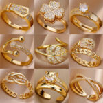 18K gold-plated full diamond light luxury non-fading opening ring women's zircon leaf ring women's - Image 2