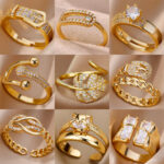 18K gold-plated full diamond light luxury non-fading opening ring women's zircon leaf ring women's