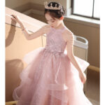 Girls' Elegant Pink Light Luxury Princess Dress for Piano Performance & Weddings