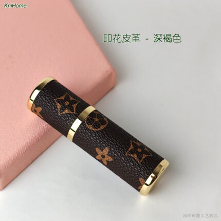 5ML gold shell; Printed leather - dark brown; Zinc alloy veneer + inner glass bottle