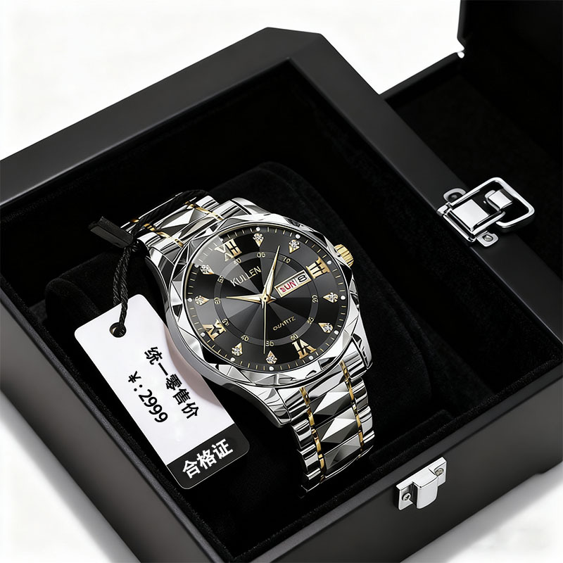 O1CN01O9ZNyR27EQXomHfs9_2219579567765-0-cib.jpg Men's Dual-Date Diamond-Set Business Watch Luminous Automatic Style Quartz Wristwatch - Image 1