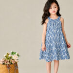 Sleeveless dresses for girls, summer cotton silk princess dresses with spaghetti straps, trendy floral vest dresses for children