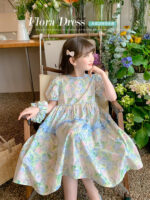 Girls' Summer Pure Cotton Floral Princess Dress Lightweight & Stylish Short-Sleeve Dress for Kids