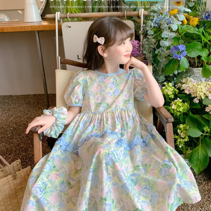 Girls' Summer Pure Cotton Floral Princess Dress Lightweight & Stylish Short-Sleeve Dress for Kids