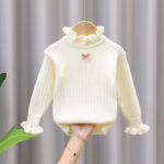 Girls' Warm Fleece-Lined Lace Sweater  Spring, Autumn & Winter Thickened Base Layer Top